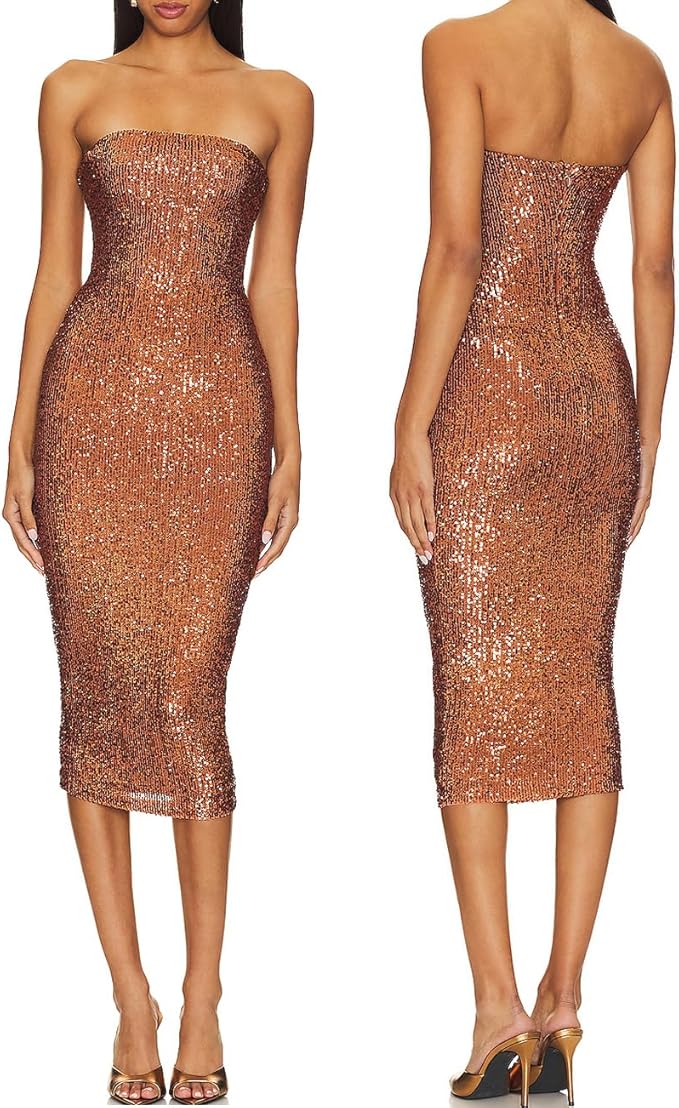 Capuffy Women Strapless Sequin Fantasy Midi Dress Sleeveless Tube Bodycon Club Dress Sparkly Glitter Cocktail Party Dress 77