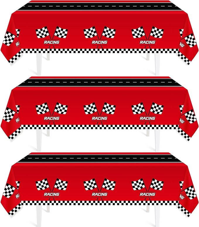 Childom 3Pcs Racing Car Plastic Tablecloth, Race Birthday Party Decorations, 54'' x 108'' Checkered Table Cloth Decor, Fav...