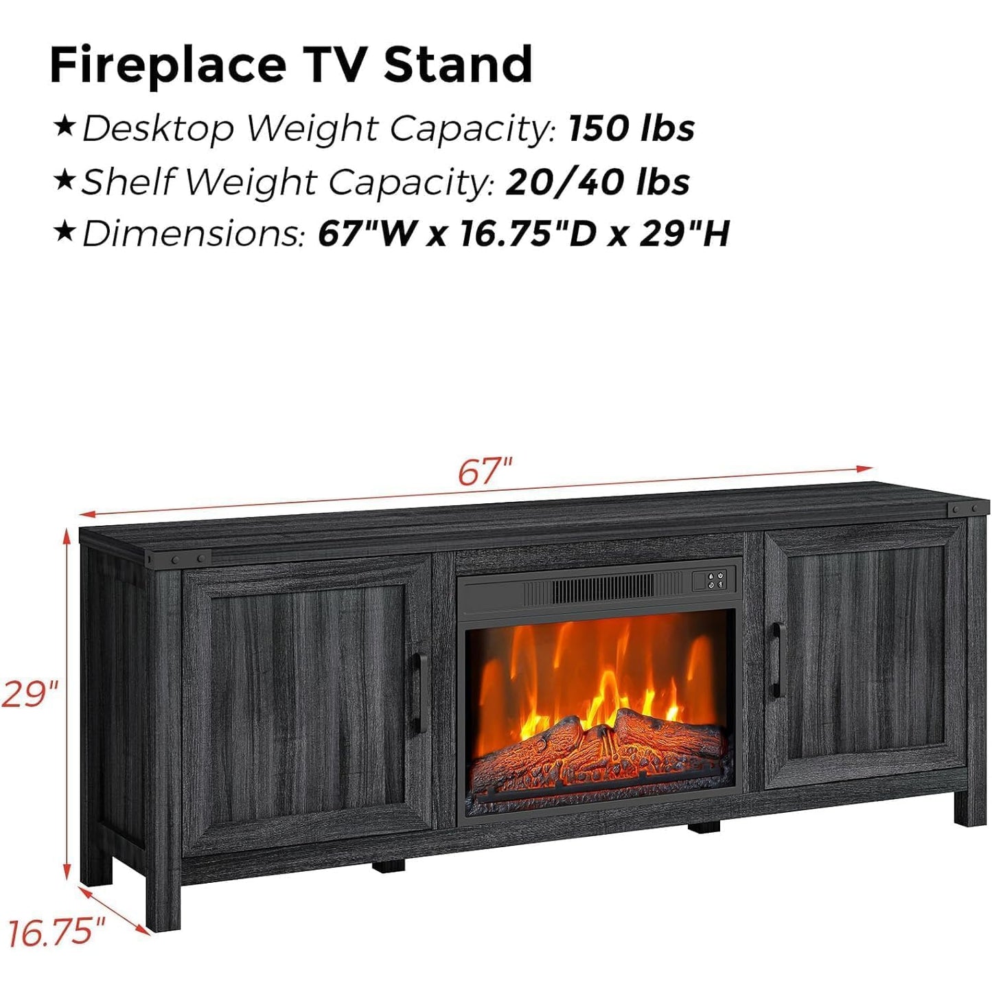 65 Inch TV Stand with Electric Fireplace, Entertainment Center with 23” Fireplace Insert, Remote Control, Adjustable Storage, Cable Management, Media Console for Living Room, Home Theater Furniture