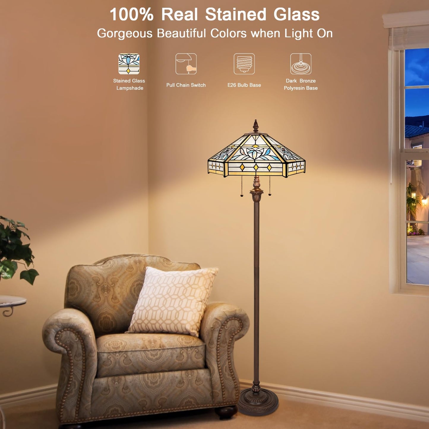 Capulina Tiffany Floor Lamp 2-Light 16X16X63 Inches Mission Hexagon Style Stained Glass Standing Reading Light for Living Room Bedroom Home Office