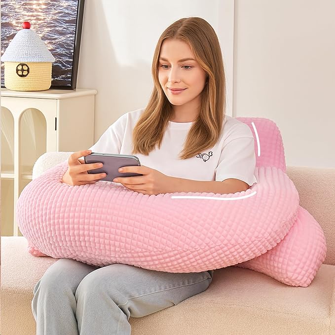 PAJEO Reading Pillow for Bed,U Shaped & Back Support Pillow for Bed,19" Backrest with Lumbar & Arm Support,Comfy Flannel Fabric,Lap Pillow for Gaming/Reading/Watching TV,Pink