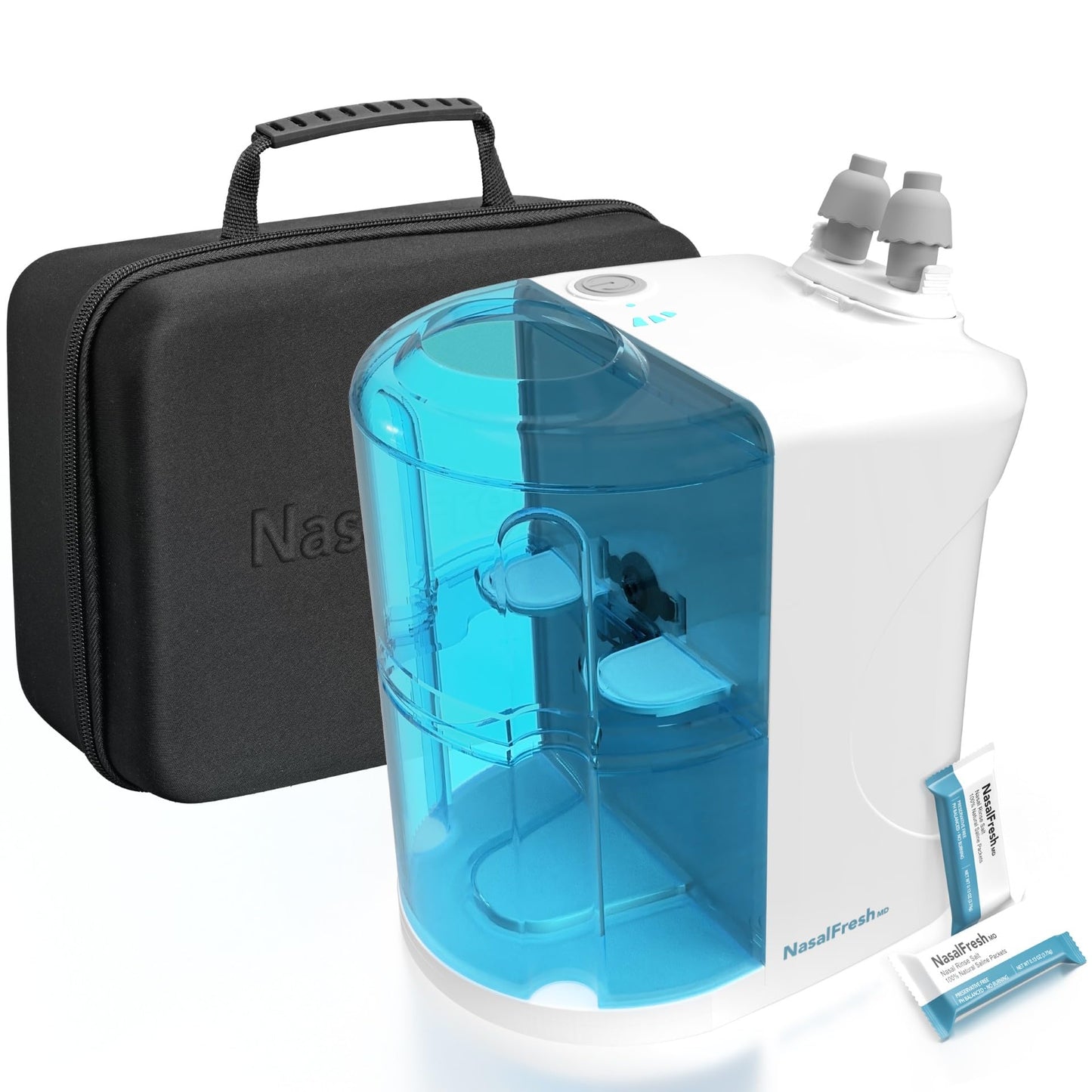 NASALFRESH MD Premium Bundle–Dual Powered Nasal Irrigation System Nasal Rinse and Wash, Sinus Decongestant Relief System, 60 Saline Packets, Case, Rechargeable, 2 Sets of Nose Pillows–Snoring Remedy
