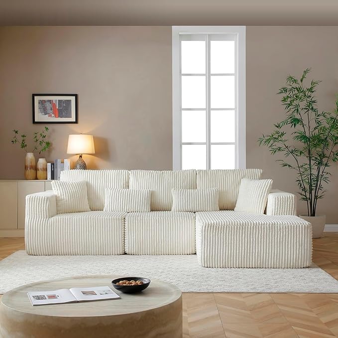 Vanress 110" Cloud Couch Sectional, Corduroy Boneless Couch with L-Shape Chaise,Modern Modular Sectional Sofa Comfy Deep Seat for Living Room, Bedroom, No Assembly (White, Right Facing Chaise)