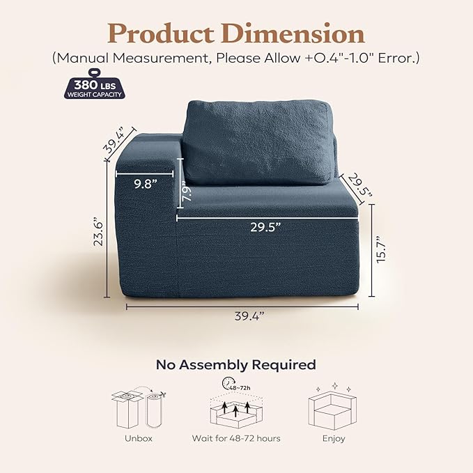 Furnify 40" Single Sofa for Adults, Upholstered Floor Sofa Couch with Pillow, Teddy Boucle Sofa for Bedroom Living Room, No Assembly Required (Teddy Boucle, Blue)