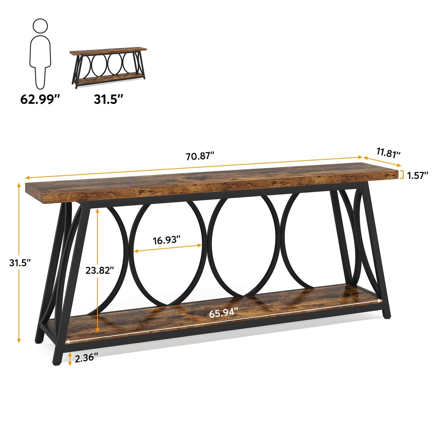 Tribesigns 70.9 inch Extra Long Console Table, Industrial Sofa Table Behind Couch with 2 Tier Storage Shelf, Narrow Entryway Hallway Accent Table for Living Room, Rustic Brown