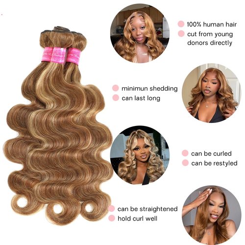Honey Blonde Body Wave Bundles Ombre Brown Bundles Human Hair 18 18 18 Inch Blonde Highlight Bundles Human Hair Silky And Soft 3 Bundles Hair Weave Remy Hair Extensions