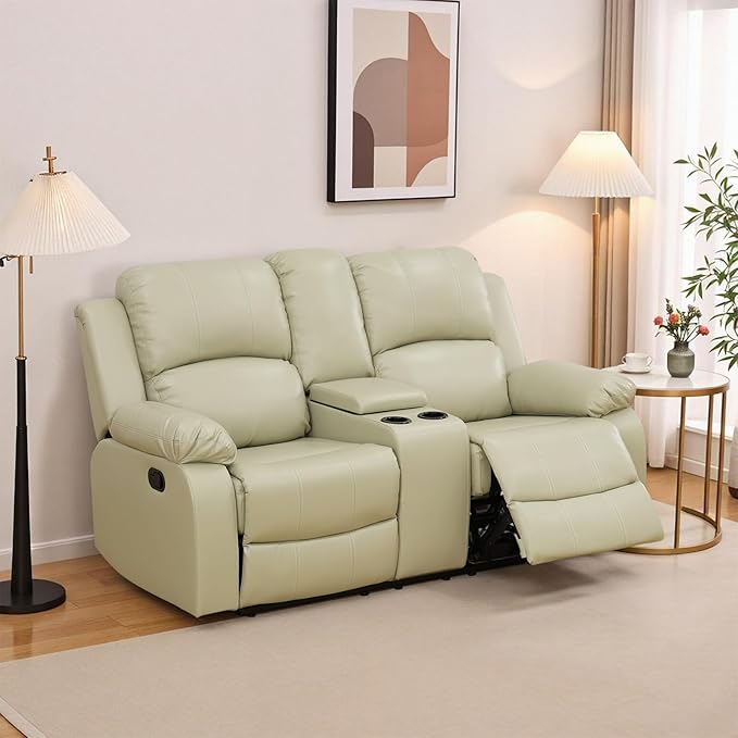 JBXBER Manual Recliner Sofa Set for Living Room, Leather Reclining Sofa Sets, Faux Leather Couch Set with Cup Holders, Drop-Down Table and Storage Console(Loveseat,Beige)