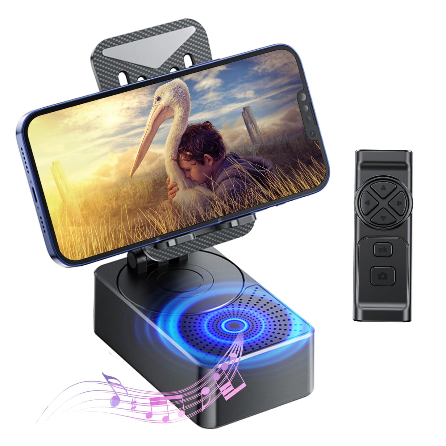 Gankoii Phone Stand With Speaker With Bluetooth 5.3,Phone Stand With Remote Control & Adjustable Height/Angle,Non-Slip Silicone