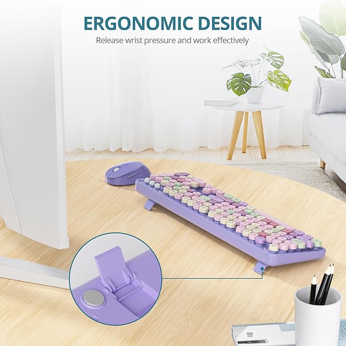Owpkeenthy Purple Keyboard and Mouse Wireless, Cute Retro Full-Size Cordless Keyboard with Number Pad 2.4 GHz Wireless USB Receiver for Computer/Laptop/Windows/Mac(Coloful Purple)