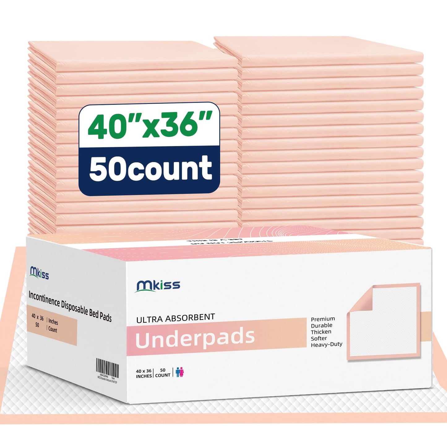 MKISS Extra Large Bed Pads 40" x 36"(50 Count), Disposable Super Absorbent Heavy Duty Incontinence Underpads, Thicken Chucks Pads for Adults, Children, Babies, Elderly and Pets