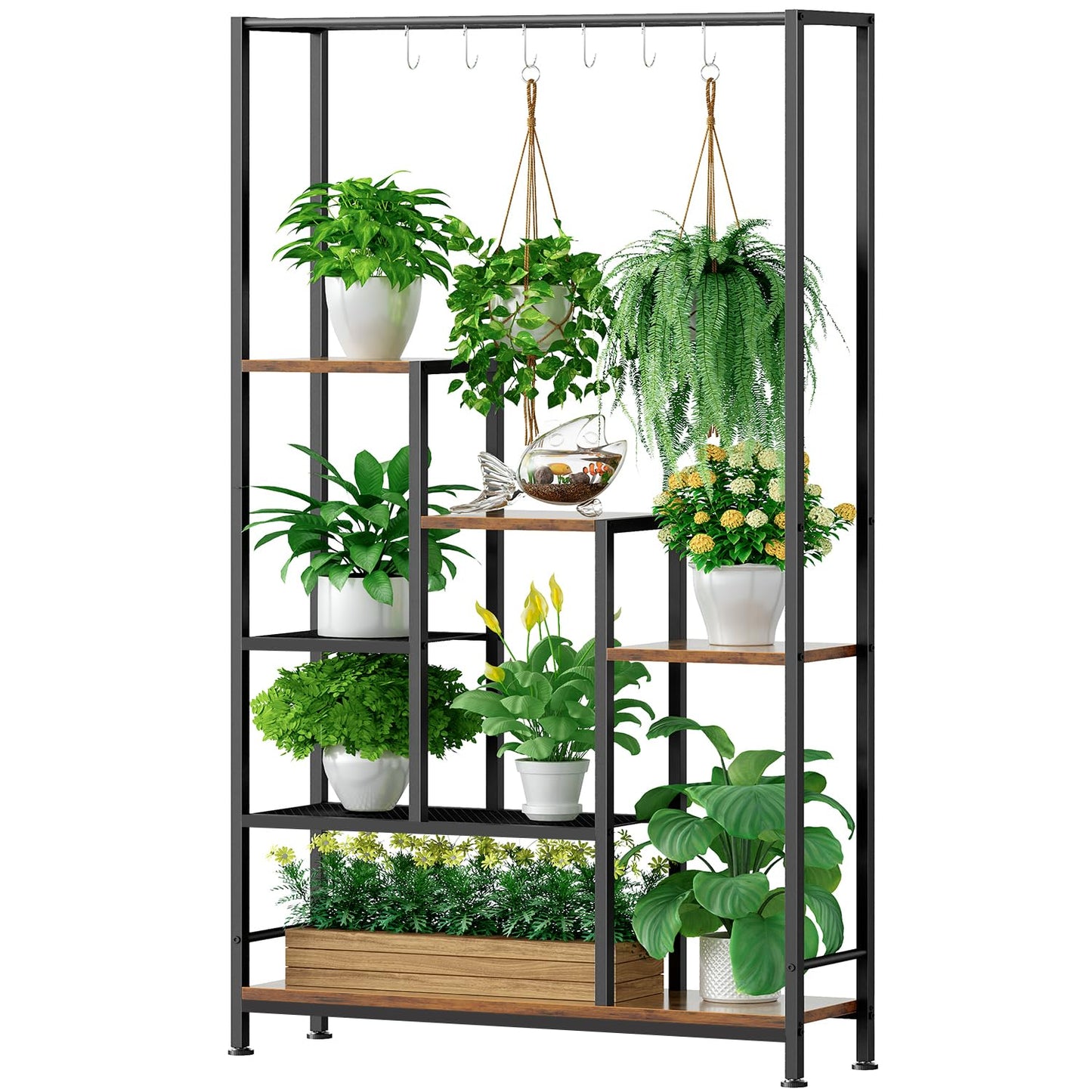 Plant Stand Indoor with Grow Lights - 7-Tier Metal Wooden Plant Shelf Indoor, 67.7" Tall Plant stand, Corner Plant Stand for Living Room, Balcony, Patio & Corner (Rustic Brown)