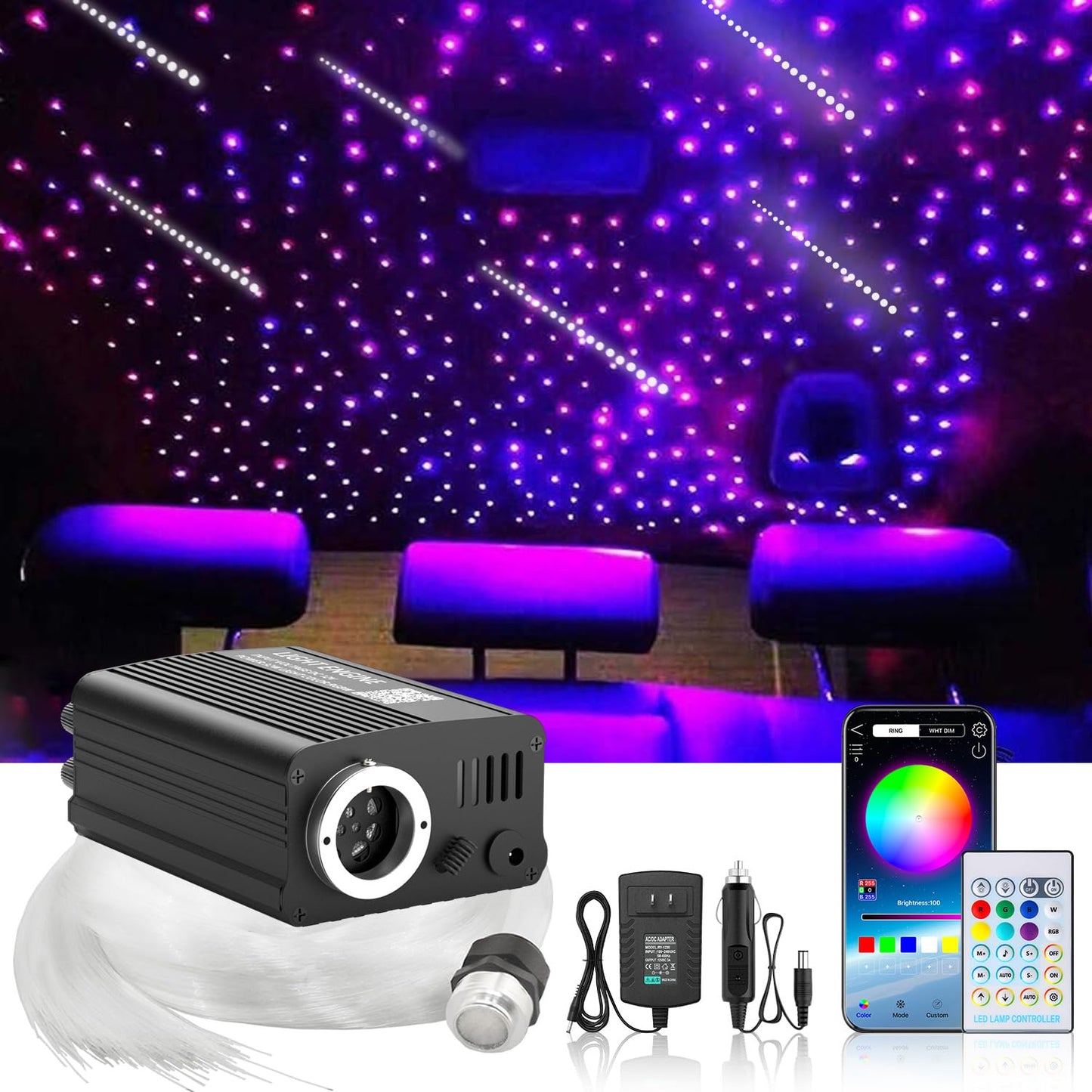 Twinkle & Meteor Starlight Headliner Kit for Car 0.03in x 9.8ft 750 Strands for Ambient Interior Decor 16W RGBW Fiber Optic Star Light Engine, 200 White Shooting Stars
