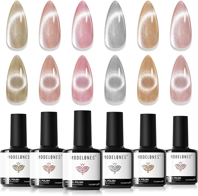modelones Cat Eye Gel Nail Polish Set, Holographic Glitter 6 Colors with Magnet Sparkle Galaxy Series Nude Pink Gel Polish Soak Off Led Gel Polish Kit Nail Art Gel Manicure Salon DIY Gifts