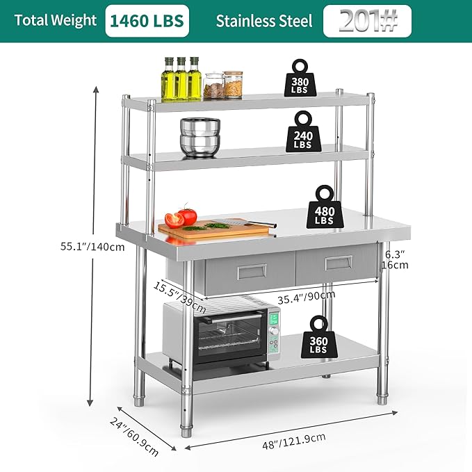 YITAHOME 48" × 24" Stainless Steel Table with Overshelves and 2 Drawers, NSF Worktable with 48" X 12" Shelf & 2 Drawers, Metal Prep Workstation for Home Kitchen Restaurant Garage Warehouse