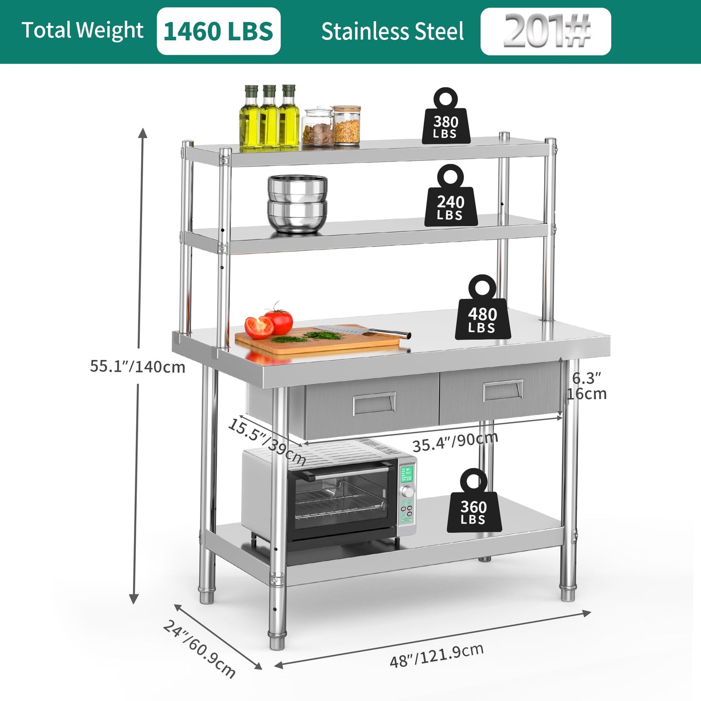 YITAHOME 48" × 24" Stainless Steel Table with Overshelves and 2 Drawers, NSF Worktable with 48" X 12" Shelf & 2 Drawers, Metal Prep Workstation for Home Kitchen Restaurant Garage Warehouse