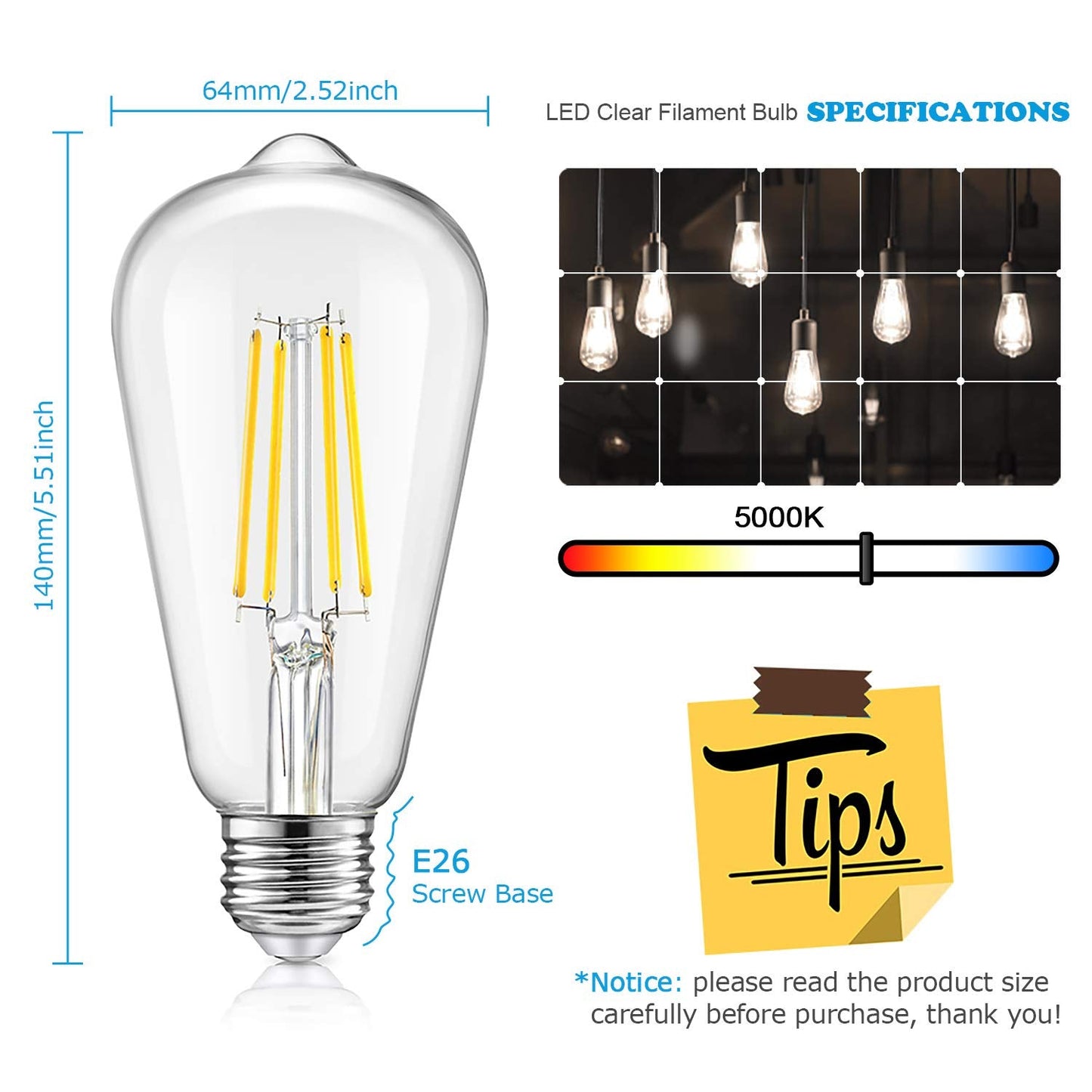 Vintage LED Dimmable Edison Light Bulbs 100W Incandescent Equivalent, 8W 1200Lumens, E26 Base LED Filament Bulb, 5000K Daylight White, ST64/ST21 Antique Clear Glass for Home, Reading, Bathroom, 4-Pack