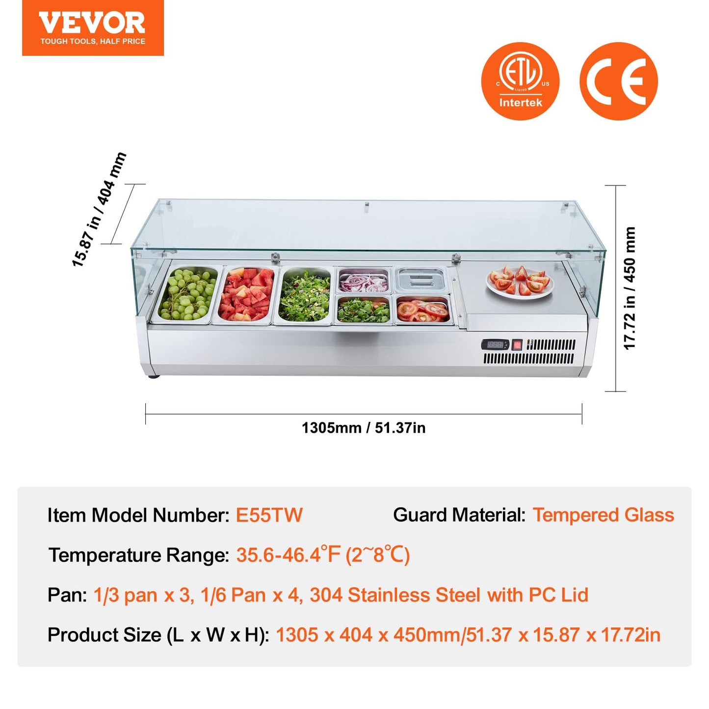 VEVOR Condiment Prep Rail Station, 140 W Countertop Refrigerated Condiment Station, with 3 1/3 4 1/6 Pans, 304 Stainless Body and PC Lid, Sandwich Prep Table with Glass Guard, ETL, Silver