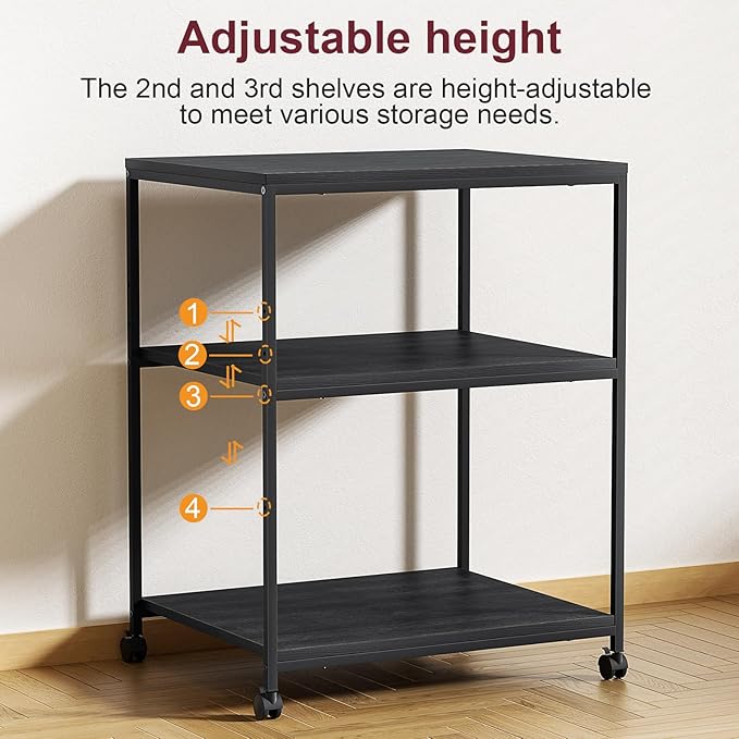 Vokumba Large Printer Stand with Wheels, 3 Tier Printer Table for Home Office, Rolling Printer Cart with Adjustable Storage Shelf for Shredder Scanner Fax (Black)