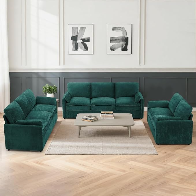 ACMEASE 3 Pieces Chenille Sofa Set w/Arm Pillows, Upholstered Loveseat & 2 Pieces 3 Seater Sofa w/Comfortable Back Cushions, Modern 2-Seat & 3-Seat w/High-Density Foam for Living Room, Teal