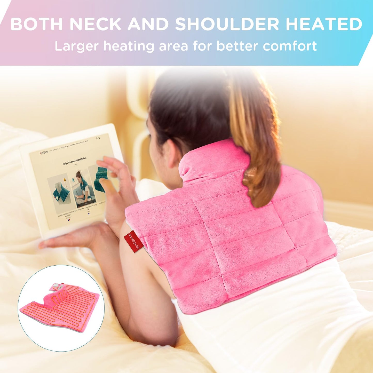 Comfytemp Heating Pad for Neck and Shoulders and Back, 2.6lb Weighted Electric Heat Pad FSA Eligible, Large HSA Heated Wrap, 9 Heat Settings & 11 Timer, Birthday Gifts for Women Men Mom Dad, Pink