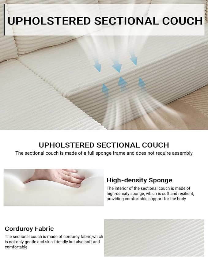 Vanress Cloud Couch Sectional, Corduroy Boneless Couch with L-Shape Chaise, Modern Modular Sectional Sofa Comfy Deep Seat for Living Room, Bedroom, No Assembly (White, Left Facing Chaise)