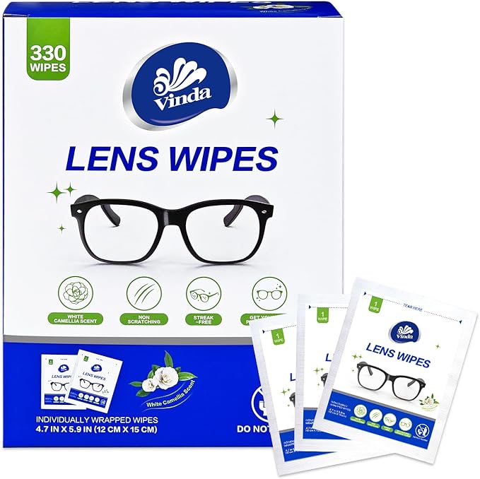 Vinda Pre-Moistened Lens Cleaning Wipes – 330 Individually Wrapped, Streak-Free Wipes for Glasses, Screens, Cameras & More – Ammonia-Free, Gentle Optical Cleaner