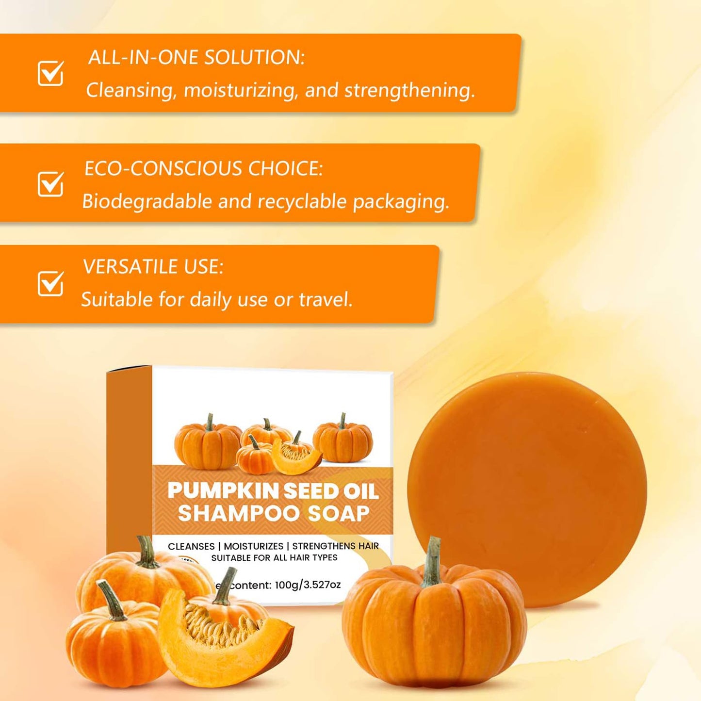 Vawolecy Pumpkin Seed Oil Shampoo Soap for Hair Growth, Solid Pumpkin Seed Oil Bar for Dry Damaged Hair Nourishment for All Hair