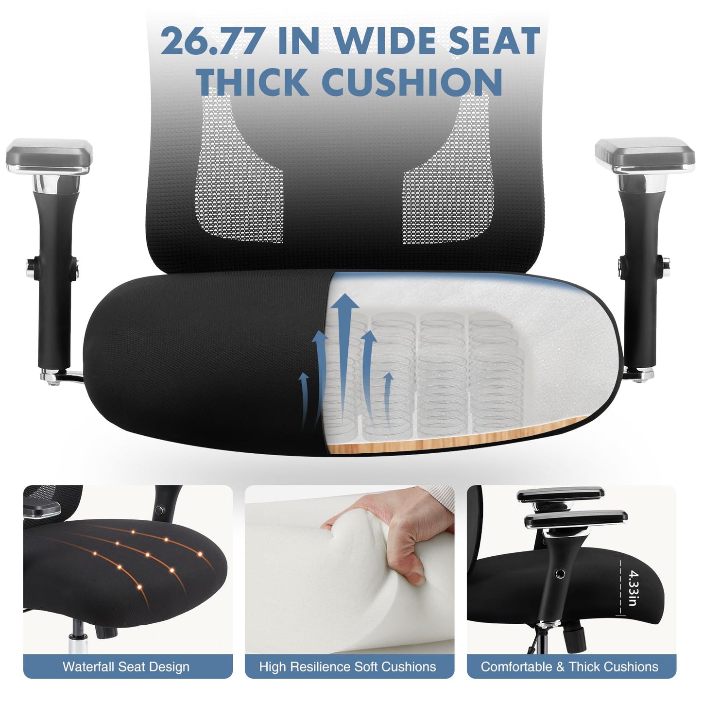 DUMOS Big and Tall Office Desk Chair with Lumbar Support, 500lbs Heavy Duty Mesh Ergonomic Computer Chair with 4D Armrest and Wide Comfy Seat, Swivel Wheels for Adult, Black