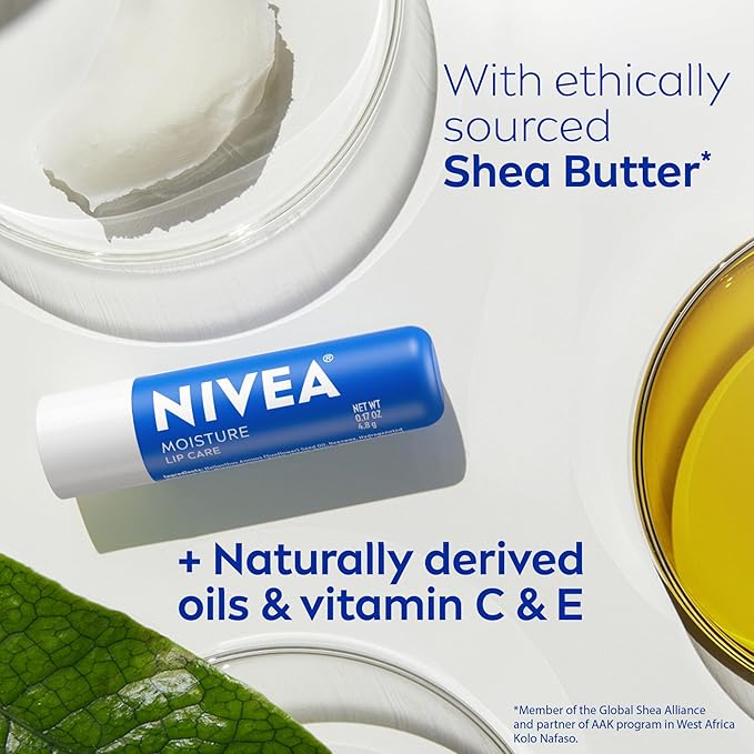 NIVEA Moisture Lip Care, Hydrating Lip Balm with Shea Butter, Nourishing Oils and Vitamin C & E, 3-in-1 Moisture, Repair and Nourish, Holiday Gifts for Self Care, 0.17 Oz Stick, Pack of 4