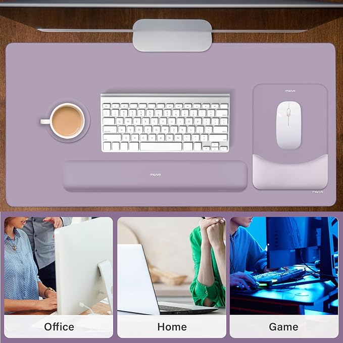 MOSISO Keyboard Mouse Pad Set, Large Gaming Mouse Pad&Rectangular Keyboard Wrist Rest&Mousepad with Wrist Rest&Coaster, Ergonomic Non-Slip&Easy Typing Pad with Curved Silicone Lining, Purple