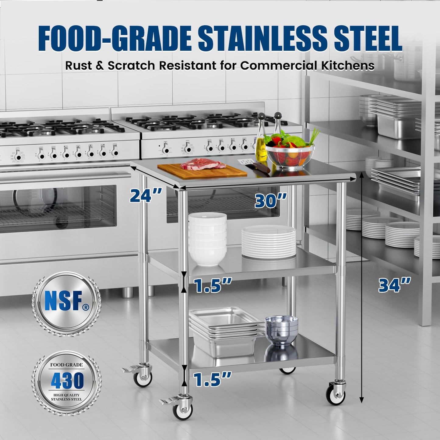 Chingoo Stainless Steel Work Table with Wheels, 24x30 Inch NSF Kitchen Prep Table with 2 Adjustable Undershelves for Commercial Restaurant, Garage, Outdoor BBQ