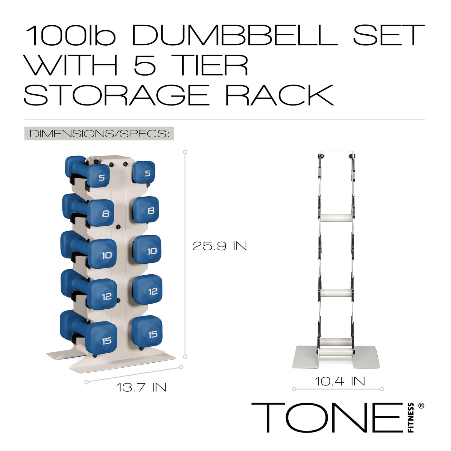 Tone Fitness 100 LB Neoprene Dumbbell Set with Storage Rack – Non-Slip, Anti-Roll Hand Weights for Home Gym Workouts | Light Gray Rack and Purple Dumbbells