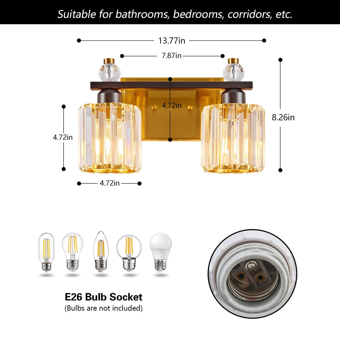 FDPBY Bathroom Vanity Lights 2-Light Black Gold Modern Crystal Vanity Light Fixtures Over Mirror Crystal Bathroom Vanity Lighting Fixtures