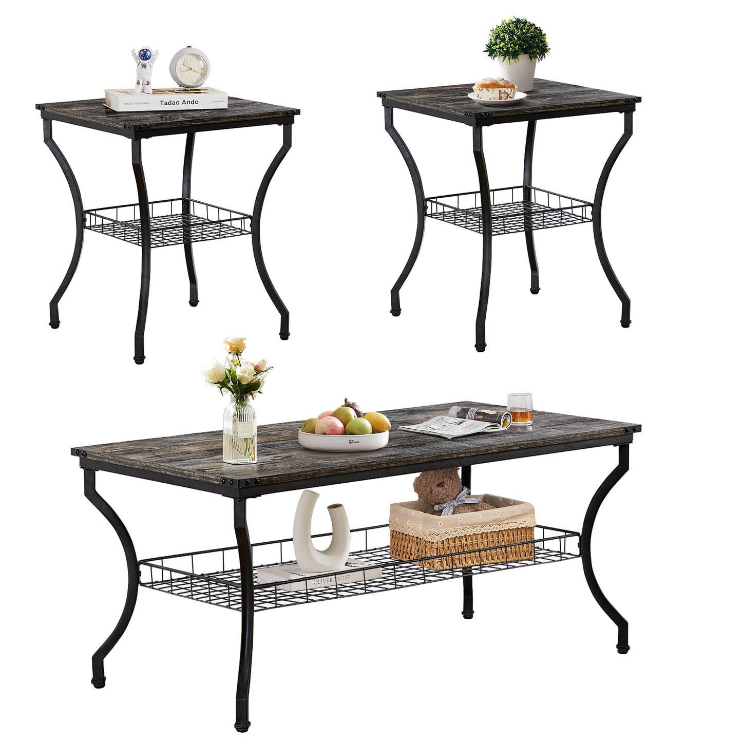 VECELO 3 Pieces Living Room Table Sets, Coffee and End Tables with Open Storage Shelves for Apartment, Home Office, Small Space, Easy Assembly, Grey Oak