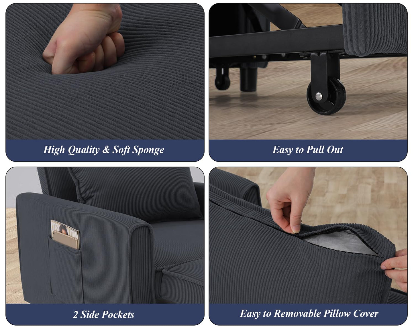 SEJOV Sleeper Chair, 3 in 1 Convertible Sofa Chair with Pull Out Futon Bed for Adults, Modern Corduroy Single Recliner for Small Spaces w/Adjustable Backrest, 2 Side Pockets & Pillow, Dark Gray