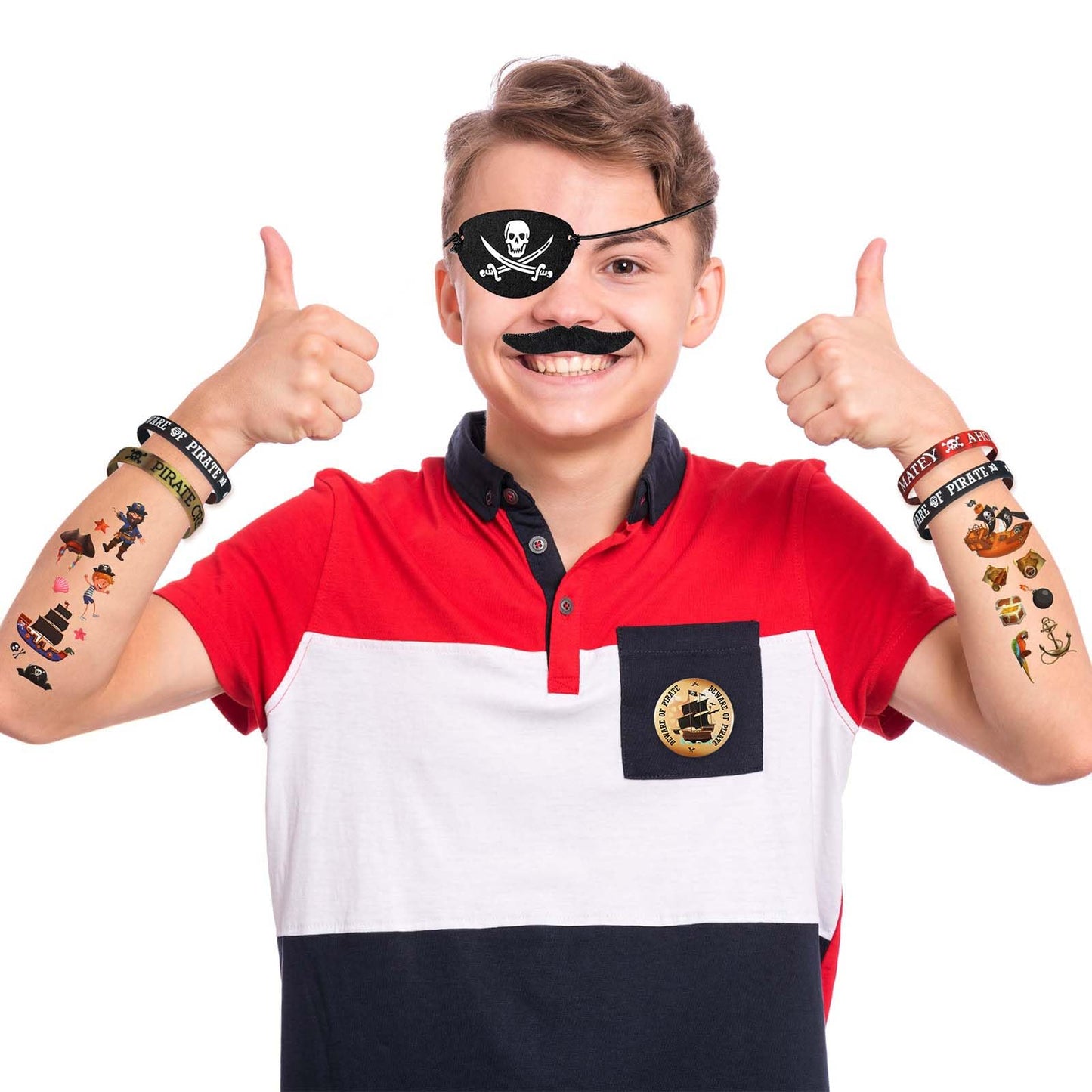 Harrycle 144 Pcs Pirate Party Favors Supplies Include Pirate Bracelet Nautical Tattoo Button Pin Eye Patch Gold Coin Gem Ring Mustache Organza Bag for Kids Boy Pirate Birthday Party Goodie Bag Fillers