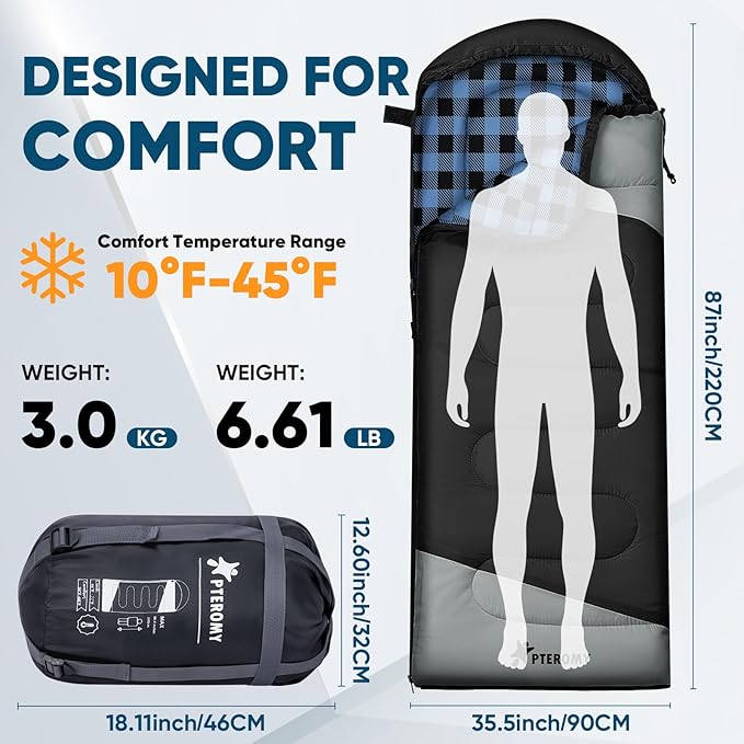 PTEROMY Sleeping Bags for Adults, Lightweight and Machine Washable, Water Resistant Backpacking Camping Sleeping Bag for Warm Cold Weather, Camping Essentials for Hiking Travel