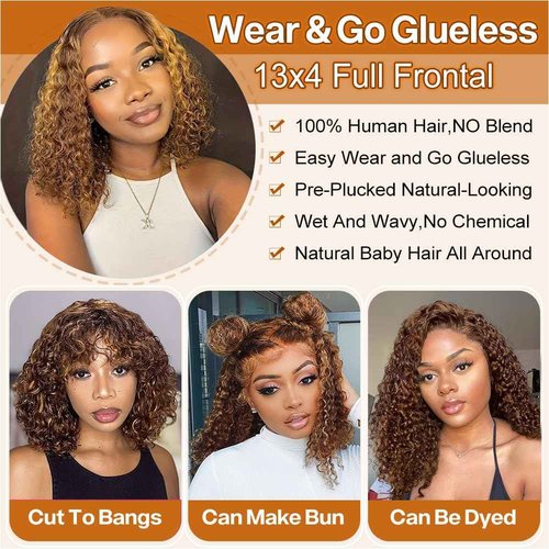 HIRIREMY Curly Bob Wig Human Hair Deep Wave 13x4 HD Lace Front Wigs For Black Women Human Hair Pre Plucked Wear And Go Glueless Short Wet And Wavy Ombre Honey Blonde Highlight Color 4/27 16 Inch