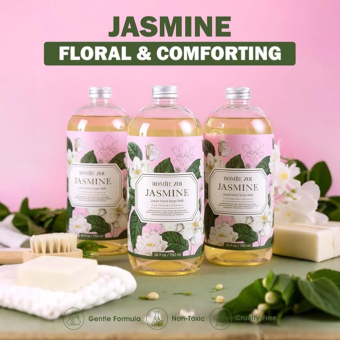 ROMIIE ZOI Liquid Hand Soap Refills Gift Set – Jasmine Scent – 3 x 26Fl Oz Bottles – Plant-Based, Non-Toxic, Gentle & Moisturizing Formula with Essential Oils – for Bathroom, Kitchen & Home Gifting