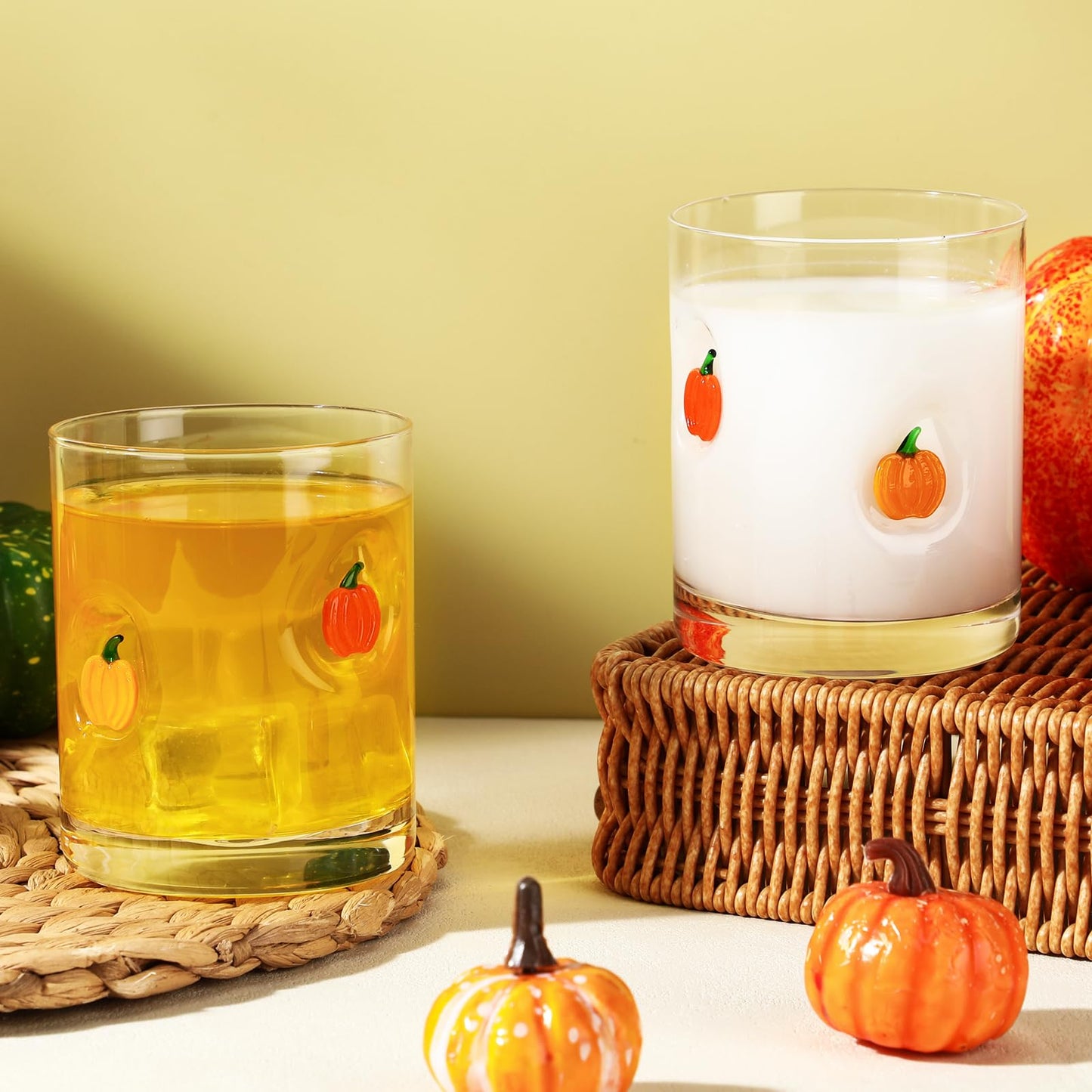 Skylety 2 Pcs Pumpkin Icon Juice Glasses Fall Thanksgiving Drinking Cups Old Fashioned Stemless Wine Glasses 13.5 oz Whiskey Cocktail Coffee Mugs for Halloween Party Harvest Gift Decor