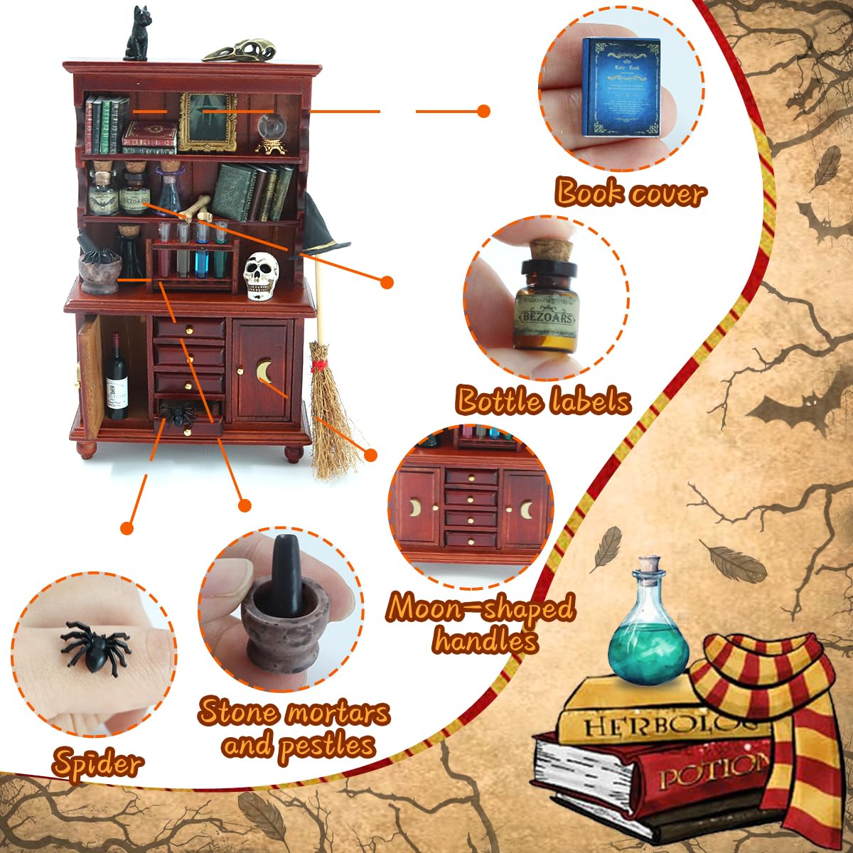 BEIREG Dollhouse Miniatures 1/12 Scale Accessories, Wooden Bookshelf Furniture Set - Magic Bottle&Potion, Witch Frame and Hat, Mini Bookcase, Haunted Dollhouse Halloween Decorations for Kids Gifts