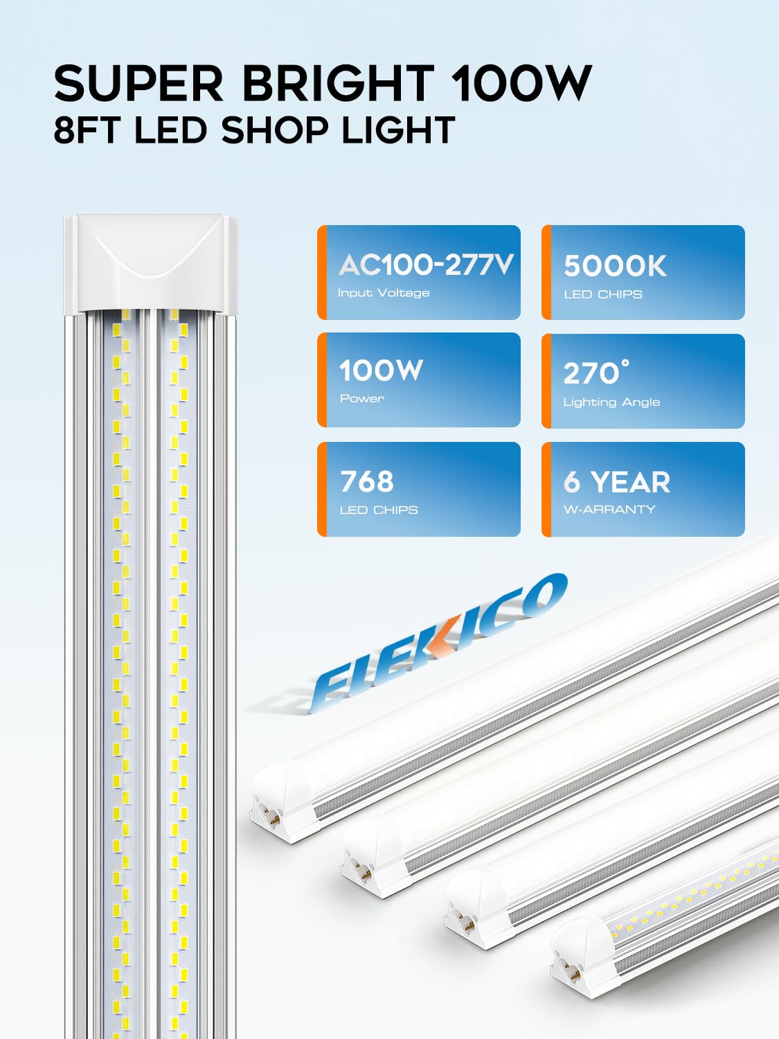 Super Bright 100w 8ft Led Shop Lights 10-Pack| 5000K 15000lm Linkable 8' Led Ceiling Garage Lighting Light Fixtures For Upgrades Garage Shop Workshop Warehouse Barn Lighting| Fluorescent Replacement
