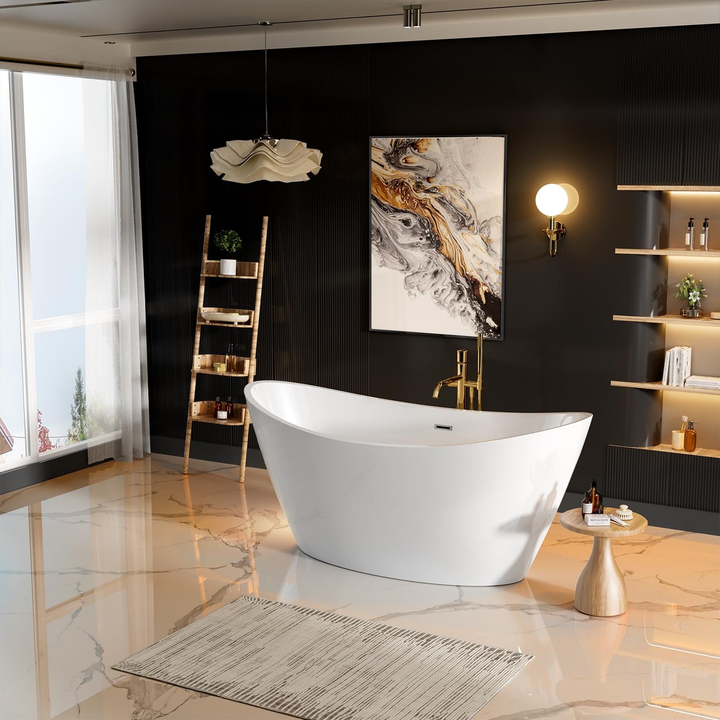 Empava 59" Freestanding Bathtub, Luxury Acrylic Soaking Tub with Custom Contemporary Design, Includes Brushed Nickel Drain and Overflow, Easy Installation, cUPC Certified, White
