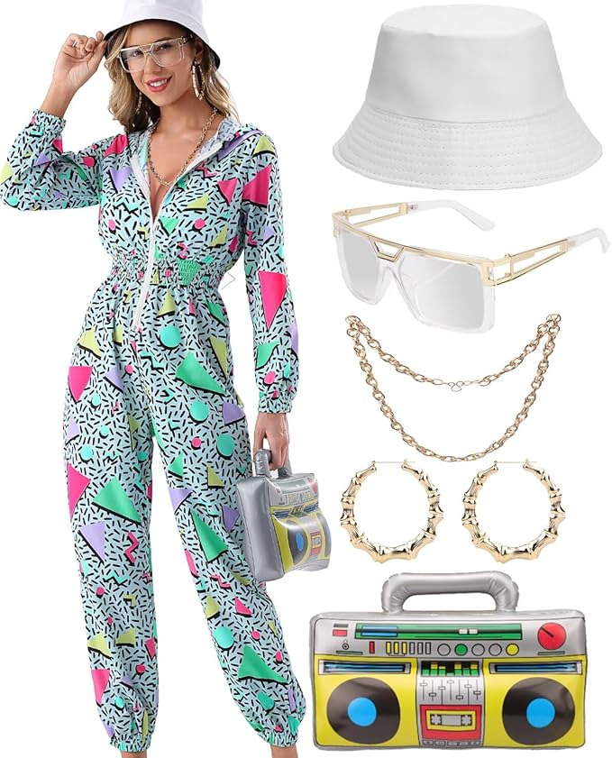 VillbeCoser Hoodies Jumpsuit 80s 90s Outfits for Women Tracksuit Costume One Piece Windbreaker Hip Hop Neon Party