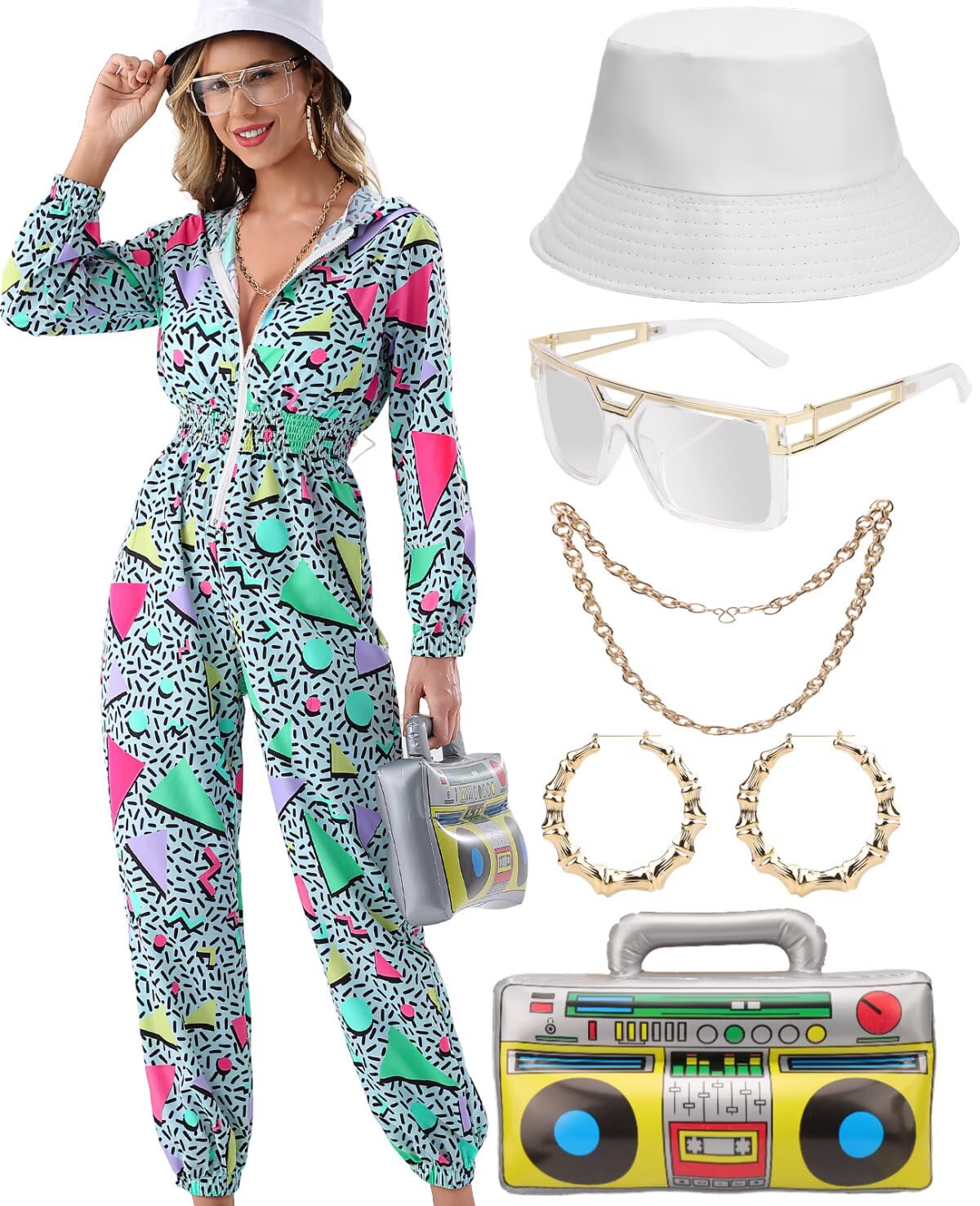 VillbeCoser Women Hoodies Jumpsuit Set, 80s 90s Neon Costume Tracksuit Outfit One Piece Windbreaker Jacket Rapper Suit(Green-A-S)