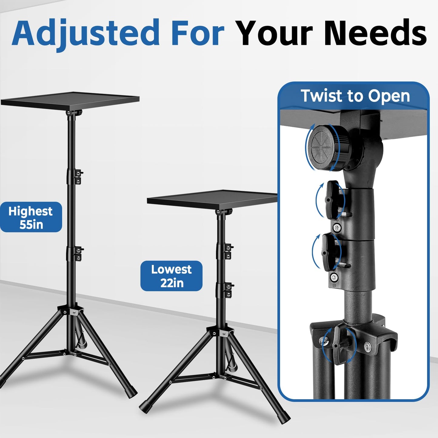 REHOSEUP Heavy Duty Projector Stand, 33LB Load Bearing & 22-55" Height Adjustable, for Projector/Laptop/DJ Gear, Outdoor/Office/Studio - Stable Base (Black)