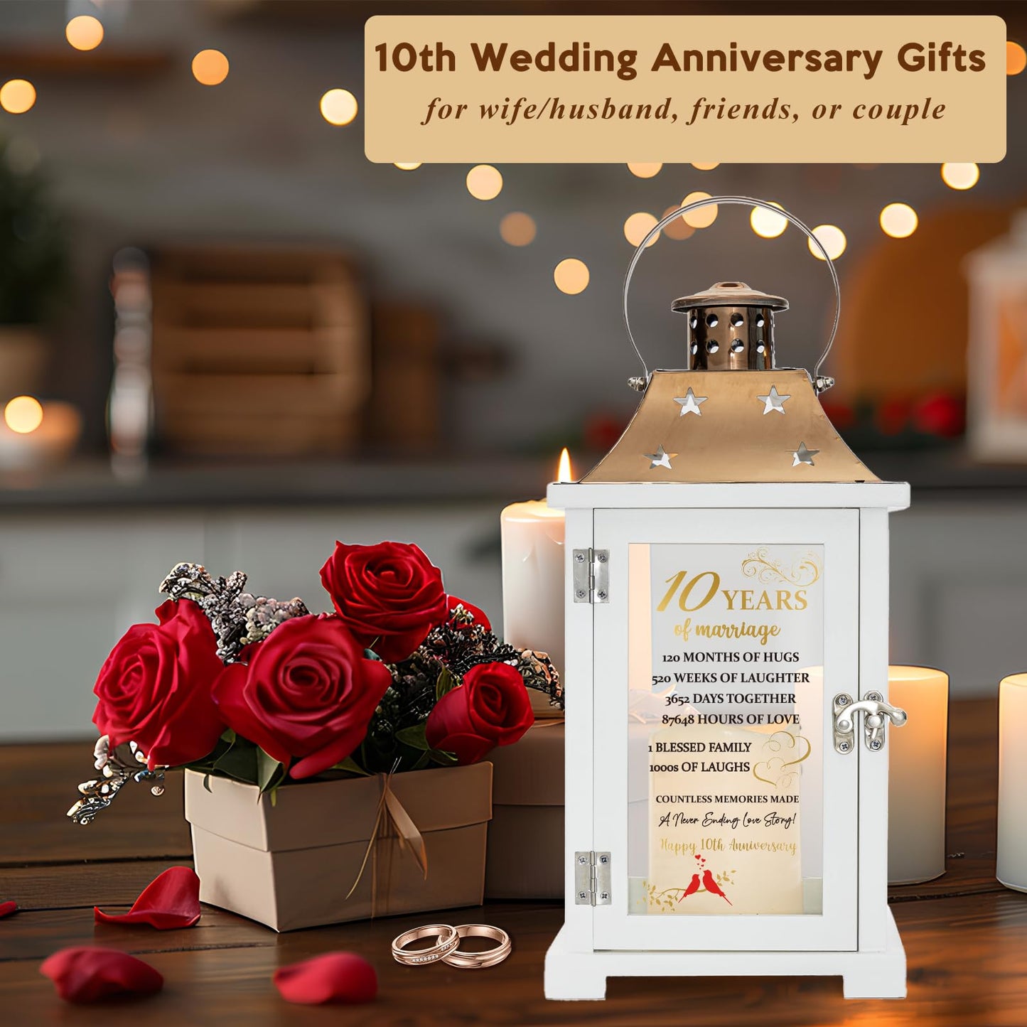 10th Wedding Anniversary Lantern, Happy 10 Years Anniversary Ideas Gift for Wife Husband Couple Parents, Unique Marriage Keepsake Decoration for Him Her Friends