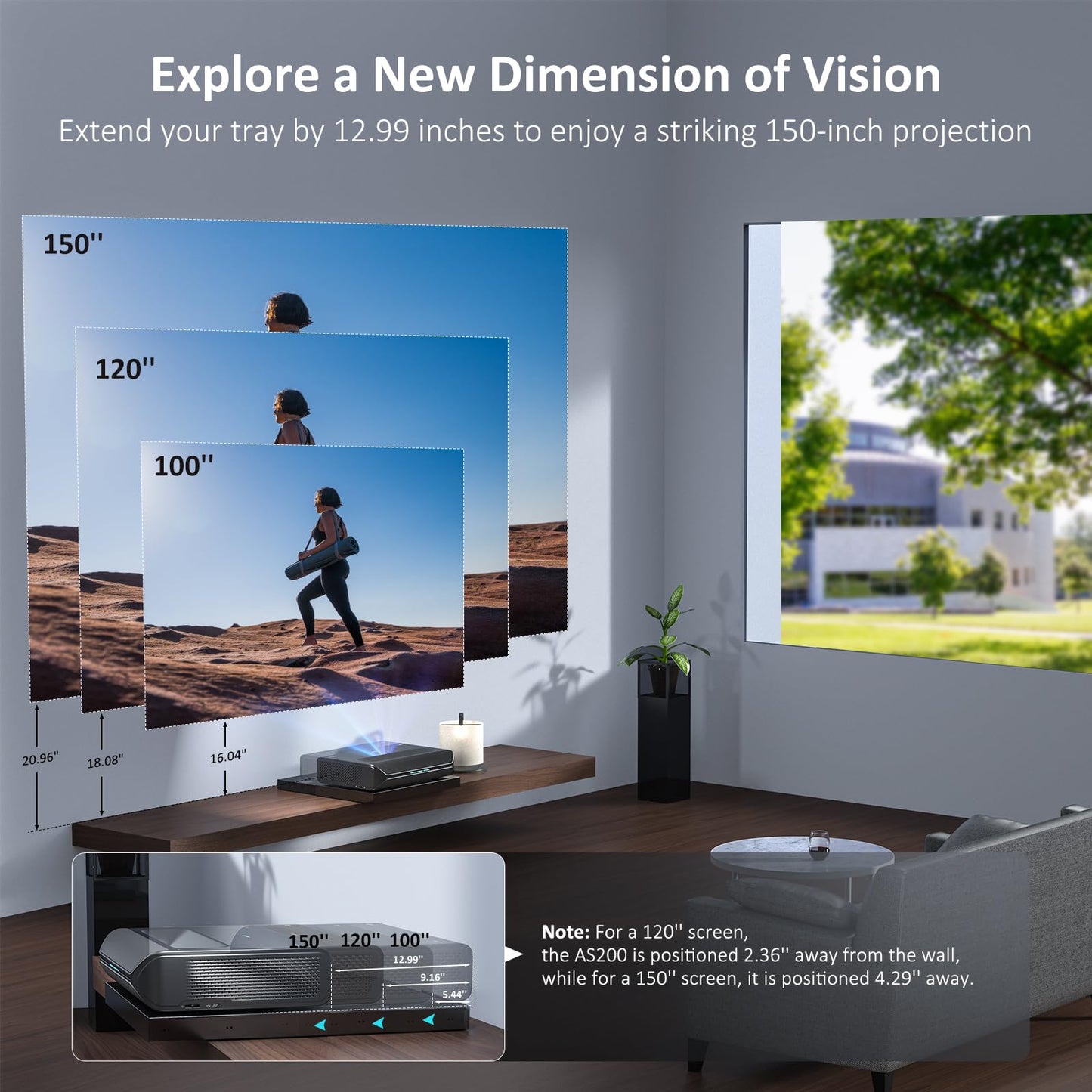 NexiGo AS200 Motorized Sliding Tray for Ultra Short Throw (UST) Projector, Extend Up to 150 Inch Picture, Auto Retractable Tray Telescopic design, Smart Sync with projector power