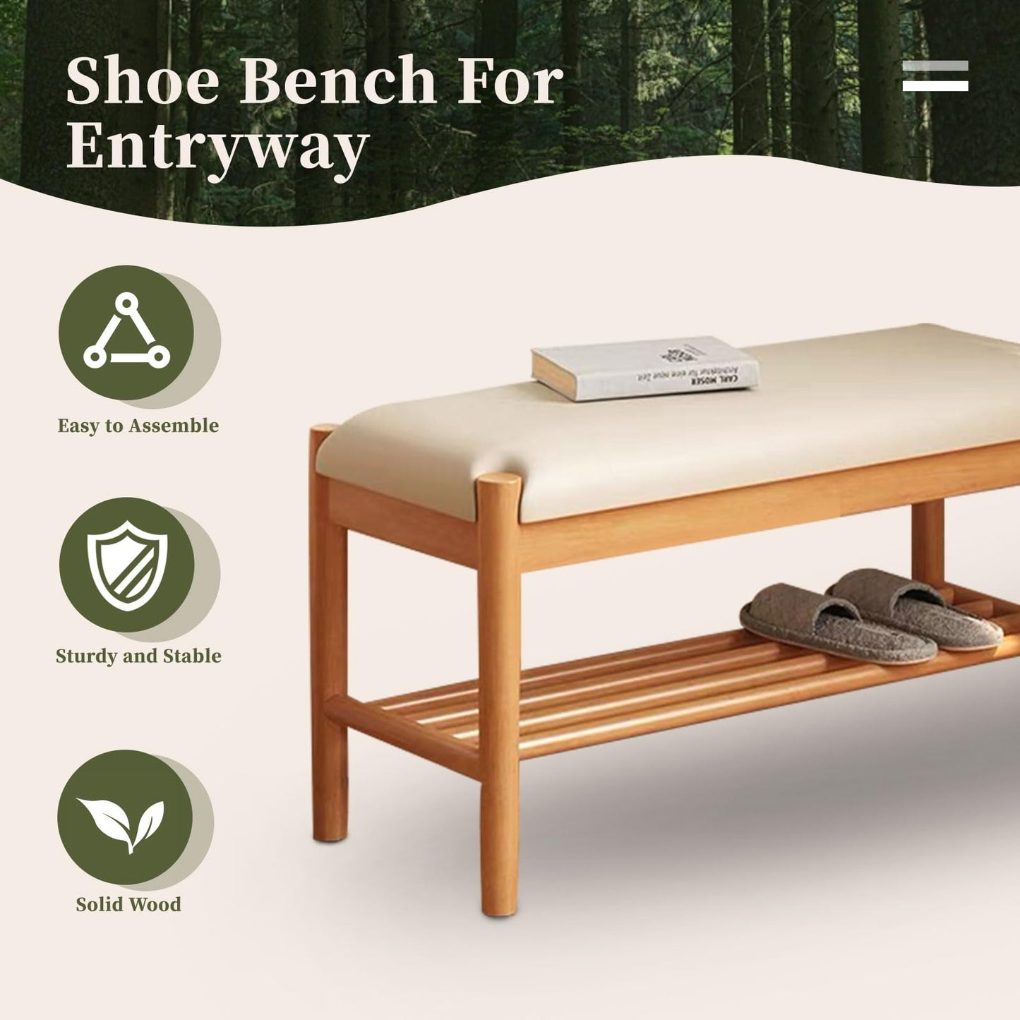 Buzleer Solid Wood Shoe Bench with Cushion, 2-Tier Shoe Rack for Front Door Entrance, Enterway Benches with Shoe Storage (Natural, 39.4in)