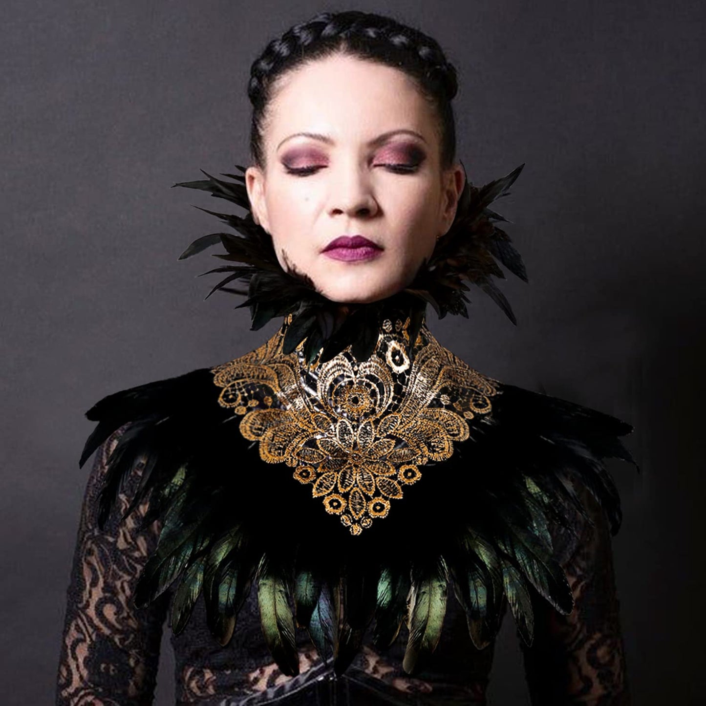 L'VOW Gothic Natural Black Feather Flower Patterned Embroidery Choker Neck warp Collar for Halloween Costume Cosplay